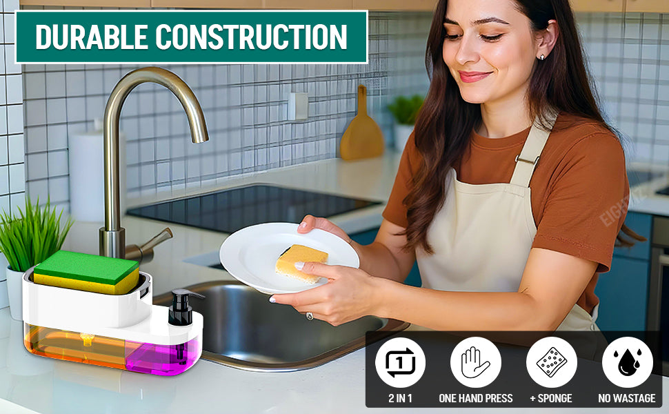 2-in-1 Kitchen Liquid Soap Dispenser with Sponge Holder | Dual Chamber Dishwashing Pump Multipurpose Soap Dispenser & Scrubber Holder for Kitchen Sink | Space-Saving Cleaning Organizer