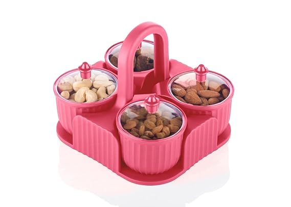 Dry Fruit Storage Container Set – 4-Piece Green , Pink, Blue ABS Plastic Jars with Lids | Pickle, Spice, Condiment Box for Kitchen & Dining Table | Airtight, Food-Grade Organizer