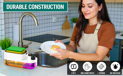 2-in-1 Kitchen Liquid Soap Dispenser with Sponge Holder | Dual Chamber Dishwashing Pump  Multipurpose Soap Dispenser & Scrubber Holder for Kitchen Sink | Space-Saving Cleaning Organizer