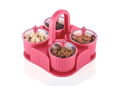 Dry Fruit Storage Container Set – 4-Piece Green , Pink, Blue ABS Plastic Jars with Lids | Pickle, Spice, Condiment Box for Kitchen & Dining Table | Airtight, Food-Grade Organizer