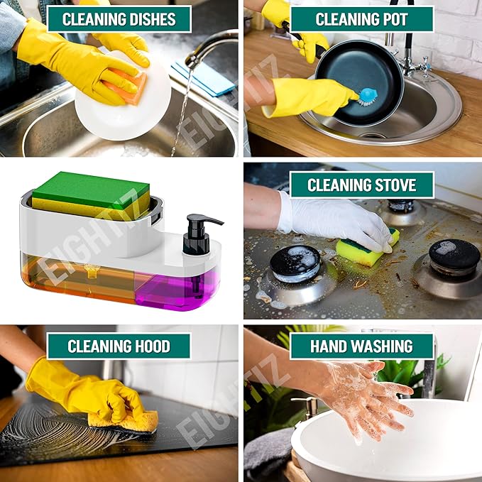 2-in-1 Kitchen Liquid Soap Dispenser with Sponge Holder | Dual Chamber Dishwashing Pump  Multipurpose Soap Dispenser & Scrubber Holder for Kitchen Sink | Space-Saving Cleaning Organizer