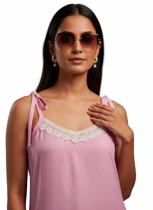 Stylish Pink Sleeveless Kurti with Lace Border,Soft Pink Sleeveless Kurti with Elegant Lace Finish,Women’s Fashion Pink Lace Detail Long Top. XL,XS,S,L,M