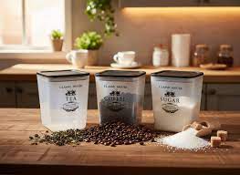 ABBOF 3-Piece Tea, Coffee & Sugar Container Set with Airtight Lids | Modern Earthy Texture Canister Set for Sugar & Tea Storage | Kitchen Storage Box